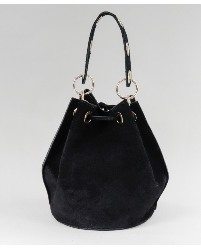 Mala Bucket Redonda Preta em Pele