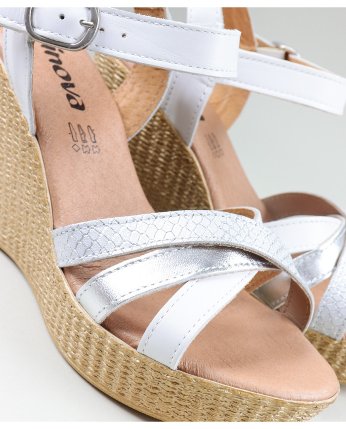 Silver and White Sandals by Lady Ginova with Strips