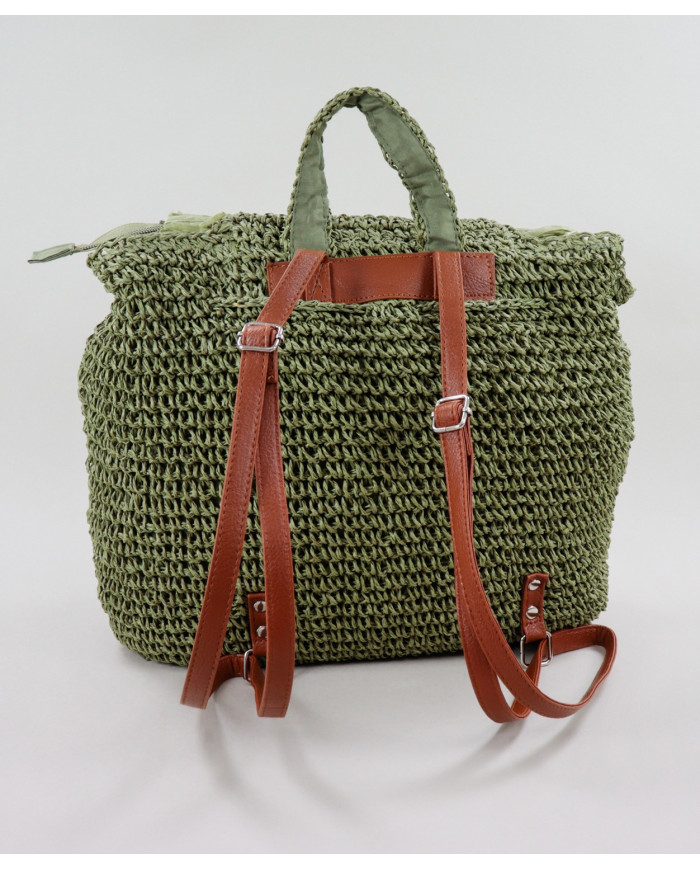 Damas Mochila verde en Ráfia