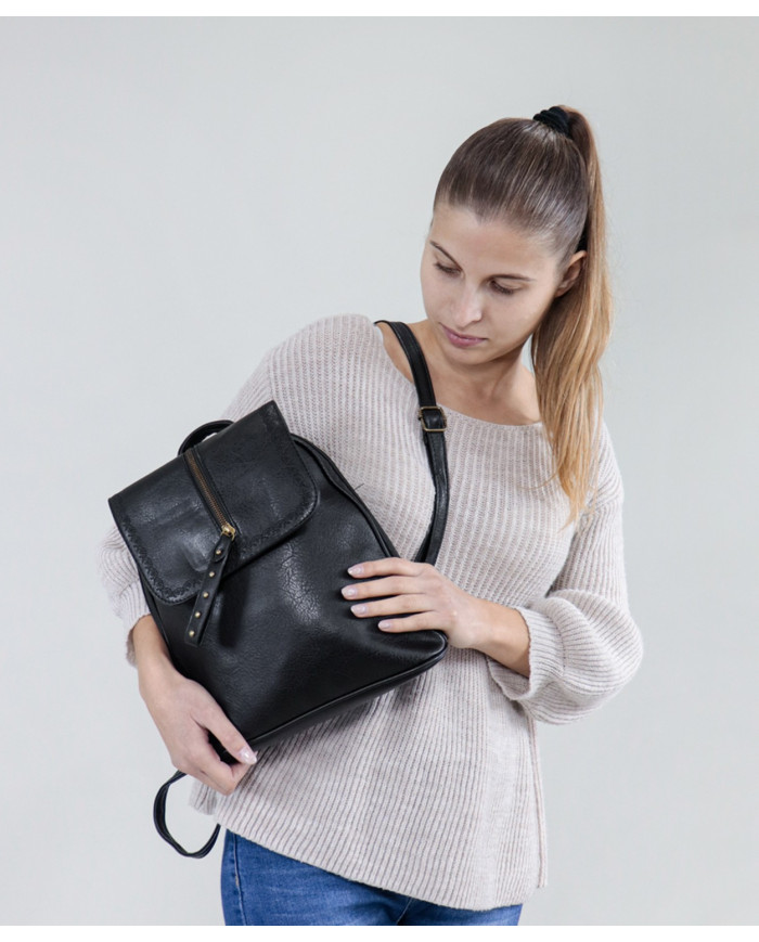 Women's Black Backpack with Embroidery Detail