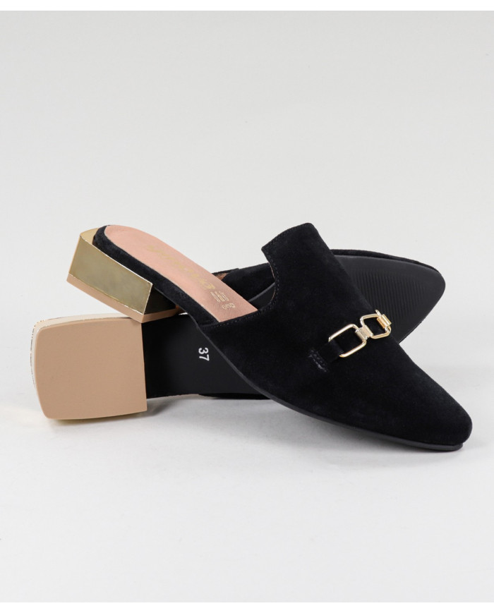 Black Mules Lady Ginova with Golden Applique