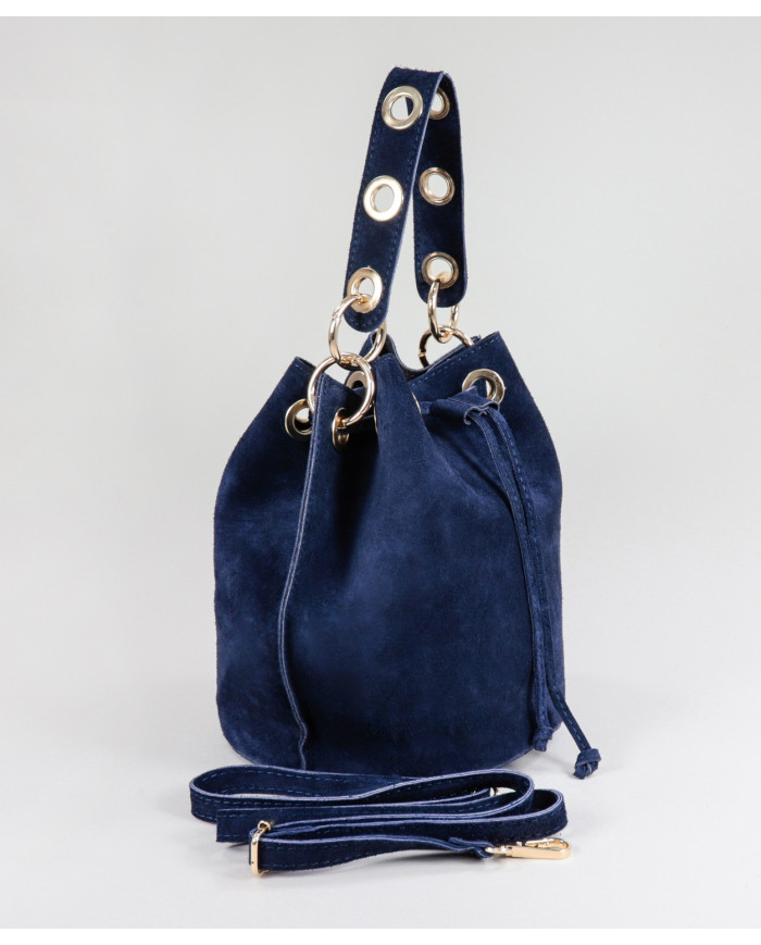 Mala Bucket Redonda Azul em Pele