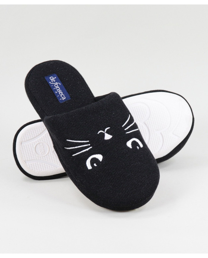 Chinelos de Quarto Pretos de Senhora com Gato