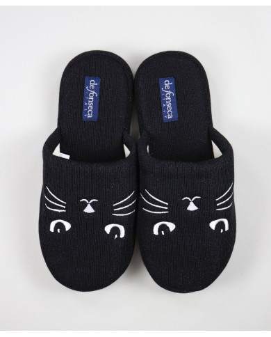 Ladies Black Bedroom Slippers with Cat