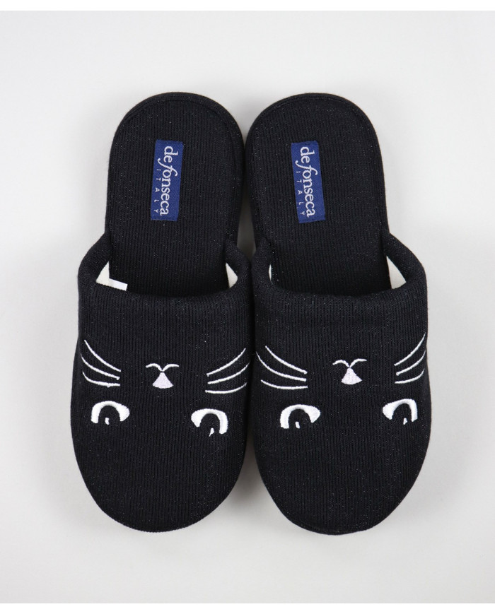 Chinelos de Quarto Pretos de Senhora com Gato