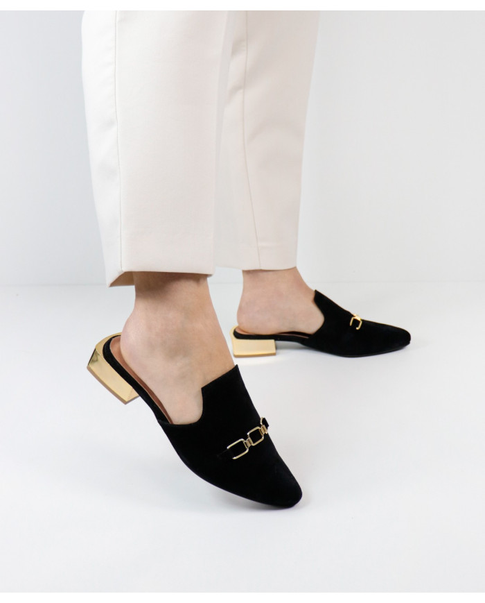 Black Mules Lady Ginova with Golden Applique
