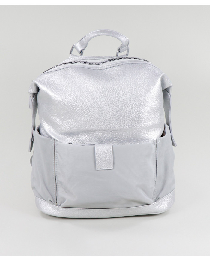 Ladies Silver Backpack with Exterior Pockets