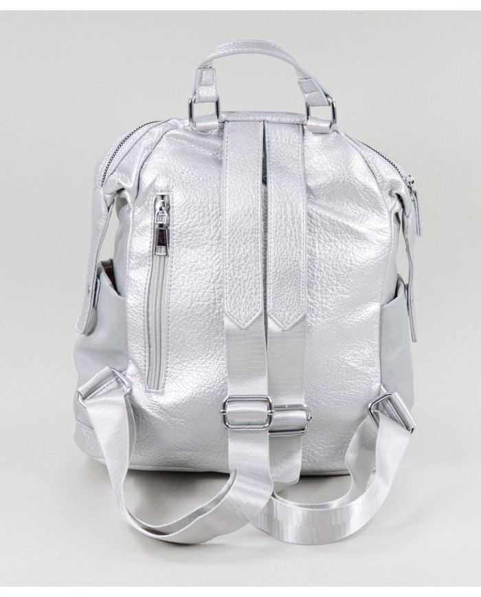 Ladies Silver Backpack with Exterior Pockets