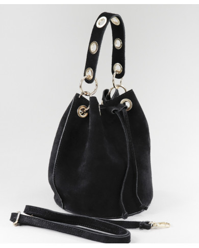 Black Round Bucket Bag in Skin