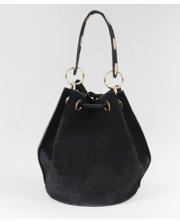Black Round Bucket Bag in Skin