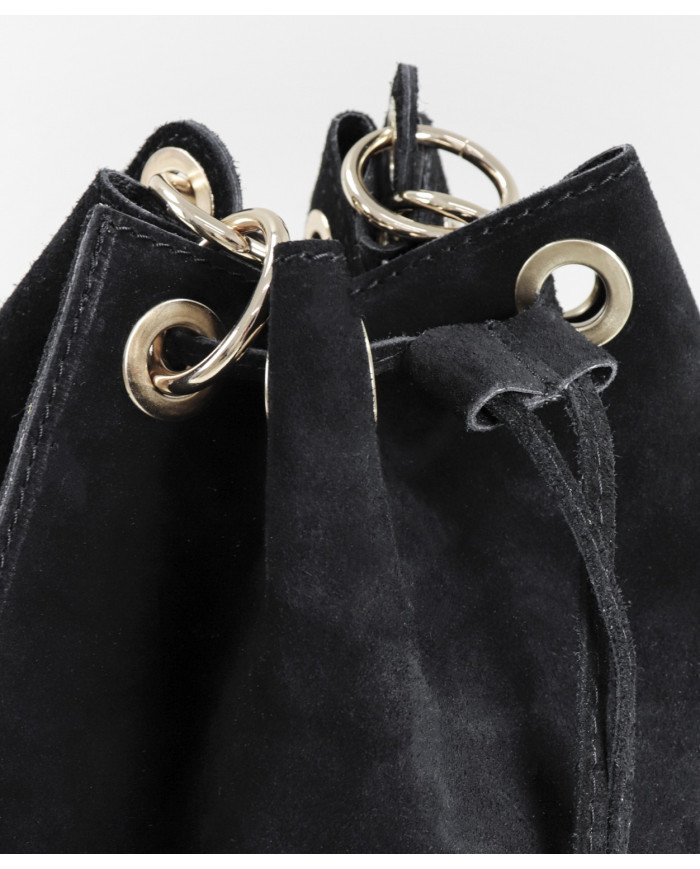 Black Round Bucket Bag in Skin