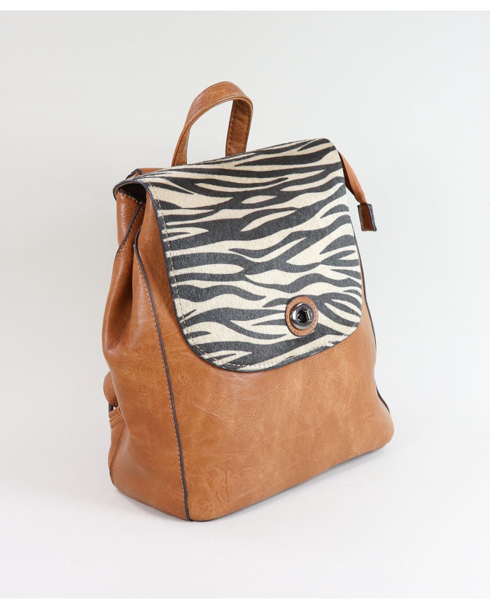 Ladies Camel Backpack with Zebra Pattern