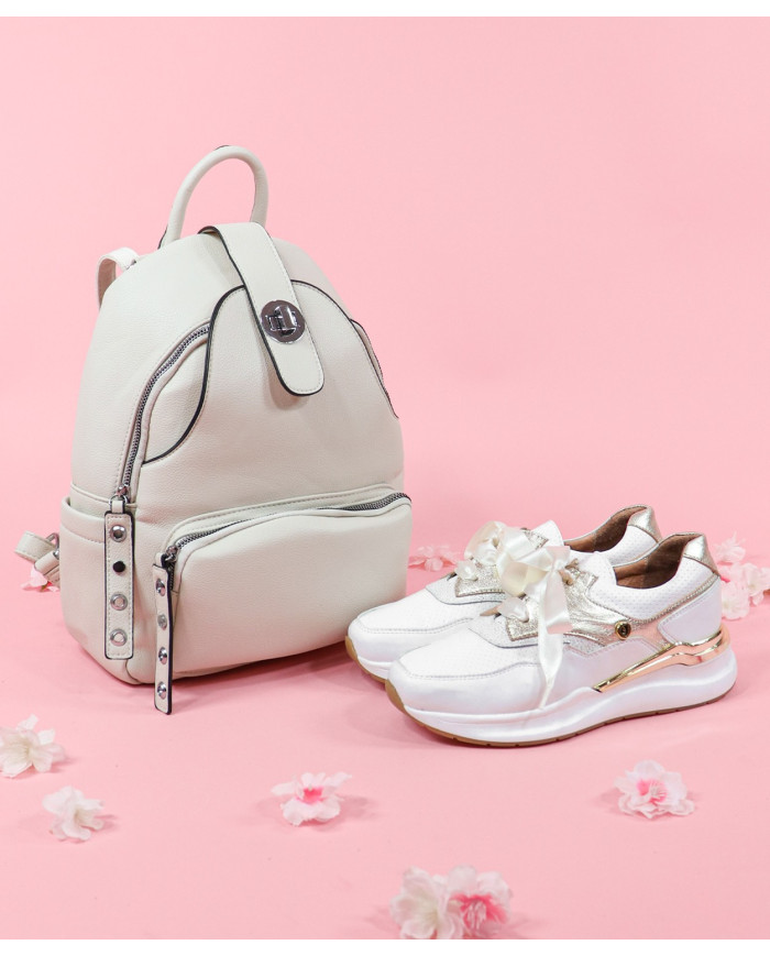 Mochila Bege de Senhora com Várias Bolsos