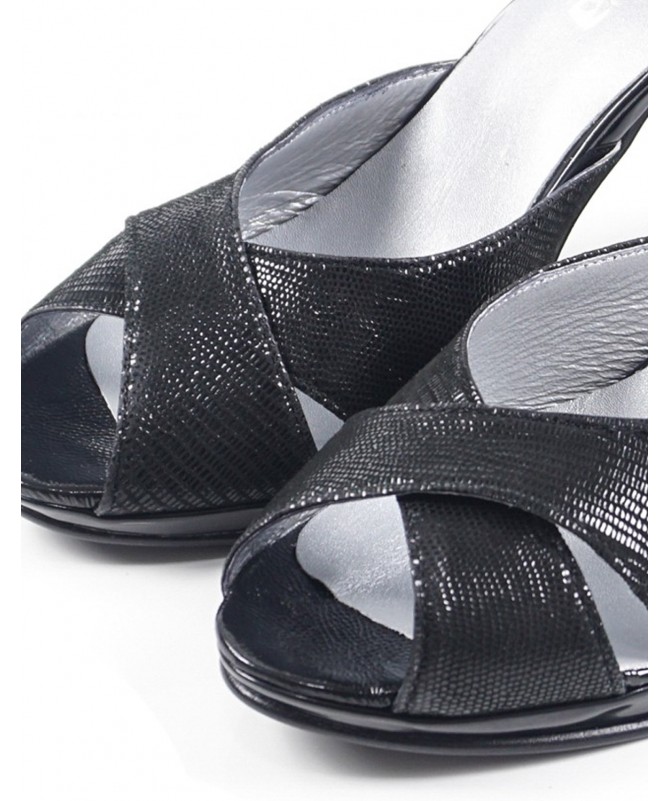 Sandálias Pretas de Senhora Ginova Brilhante de Tacão